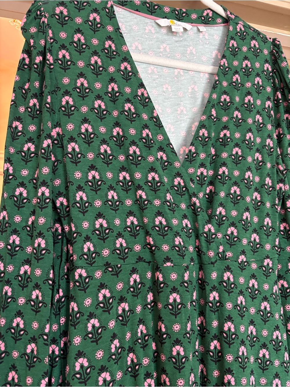 Green Floral V-Neck Dress with Pink Accent Flowers